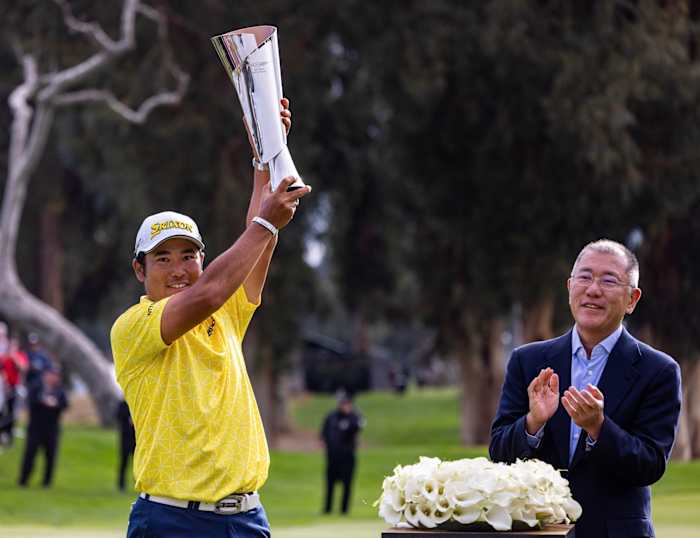 Hideki Matsuyama celebrates his win at Riviera